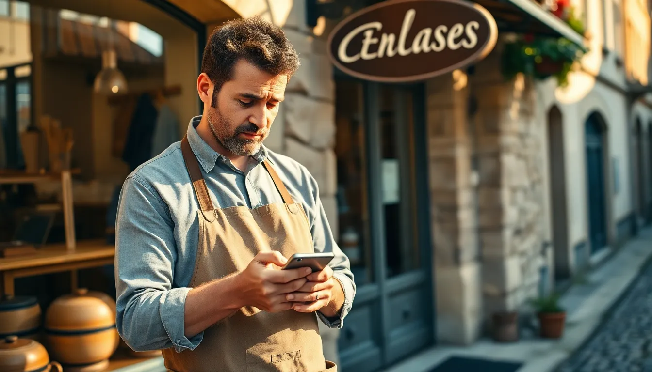 Un artisan français d'une quarantaine d'années, portant un tablier de travail, consulte son smartphone d'un air pensif devant la façade en pierre de son atelier, dans une rue pavée typique d'un village français baigné de lumière naturelle matinale.