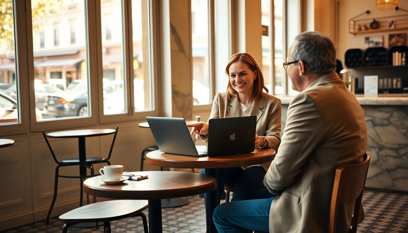 Une cheffe d'entreprise française montre des informations tarifaires sur son ordinateur portable à un client attablé dans un café parisien lumineux, lors d'une réunion décontractée et professionnelle.