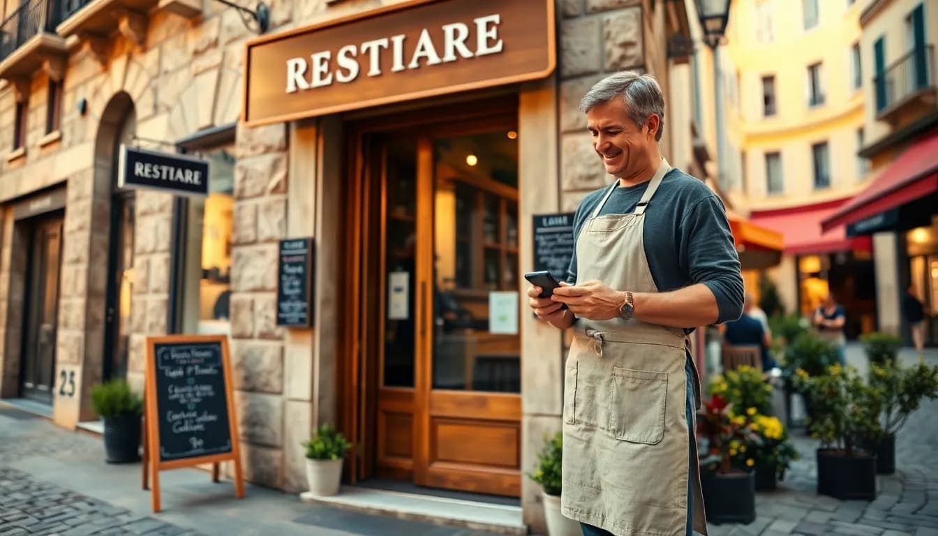 Propriétaire d'un restaurant lyonnais souriant devant la façade de son bistrot, consultant son téléphone portable pour voir les réservations entrantes, en tablier de cuisine, dans une rue pavée ensoleillée.