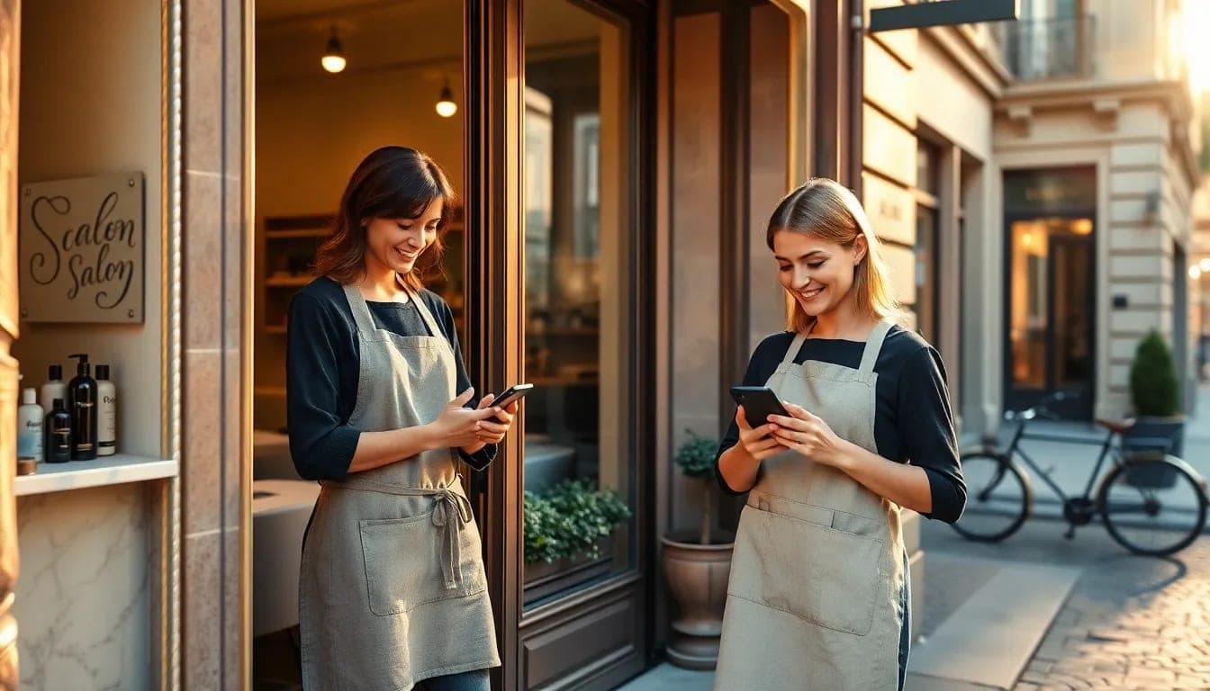 Gérante d'un salon de coiffure à Bordeaux souriante devant l'entrée de sa boutique, consultant son smartphone pour vérifier ses réservations en ligne, façade en pierre haussmannienne ensoleillée en arrière-plan.