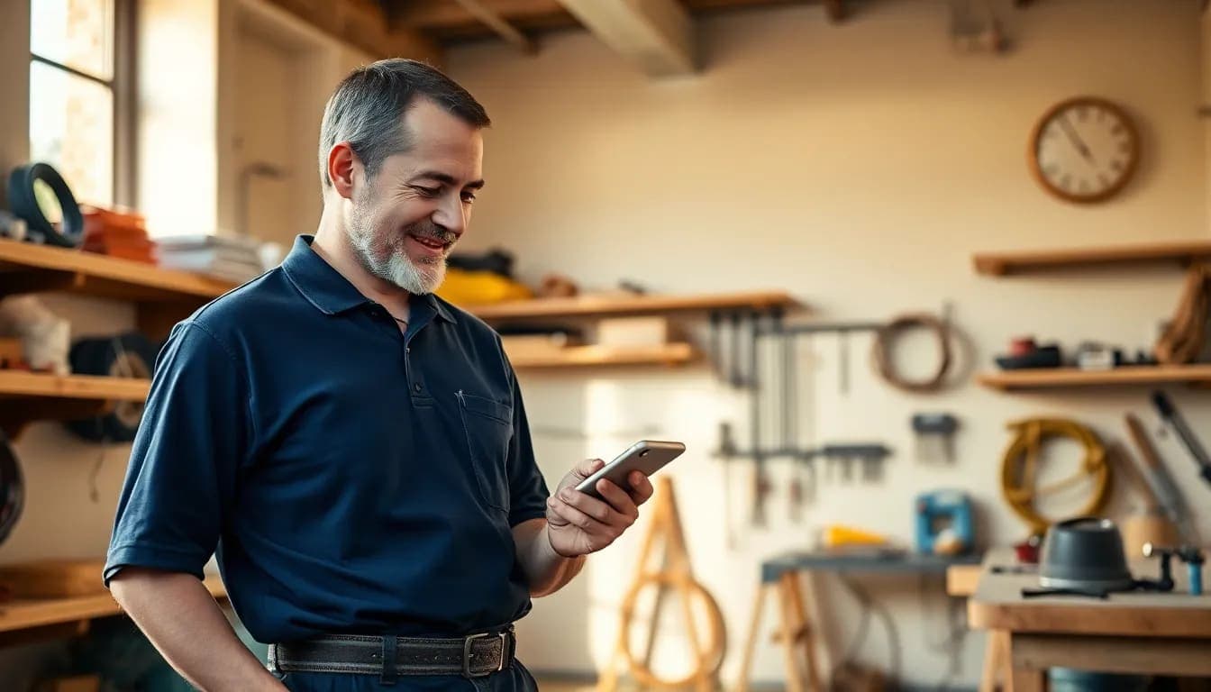 Un électricien bordelais dans son atelier consulte son téléphone avec le sourire, entouré de matériel électrique et d'étagères d'outillage, baigné d'une lumière naturelle chaleureuse.
